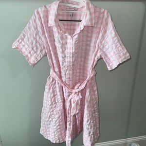 Lisa Marie Fernandez. Pink plaid dress with tie belt.